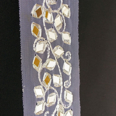 White Net Fabric Lace Trim With Silver Embroidery And Mirror Embellishments, Wedding Trims, Indian - 210119L458